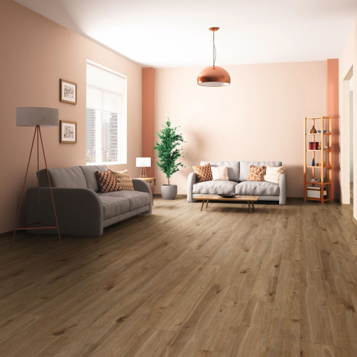 Sol stratifié imitation bois brun naturel vue ambiance