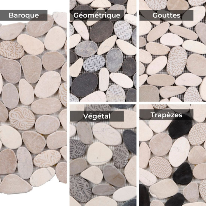 Plaque de galets sur filet en pierre naturelle